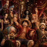 Disegno stile anime personaggi di One Piece in ambiente di cabaret parigino