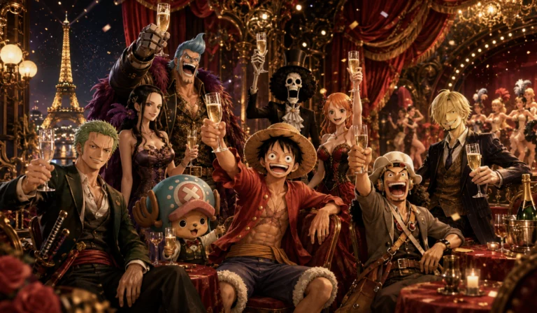 Disegno stile anime personaggi di One Piece in ambiente di cabaret parigino