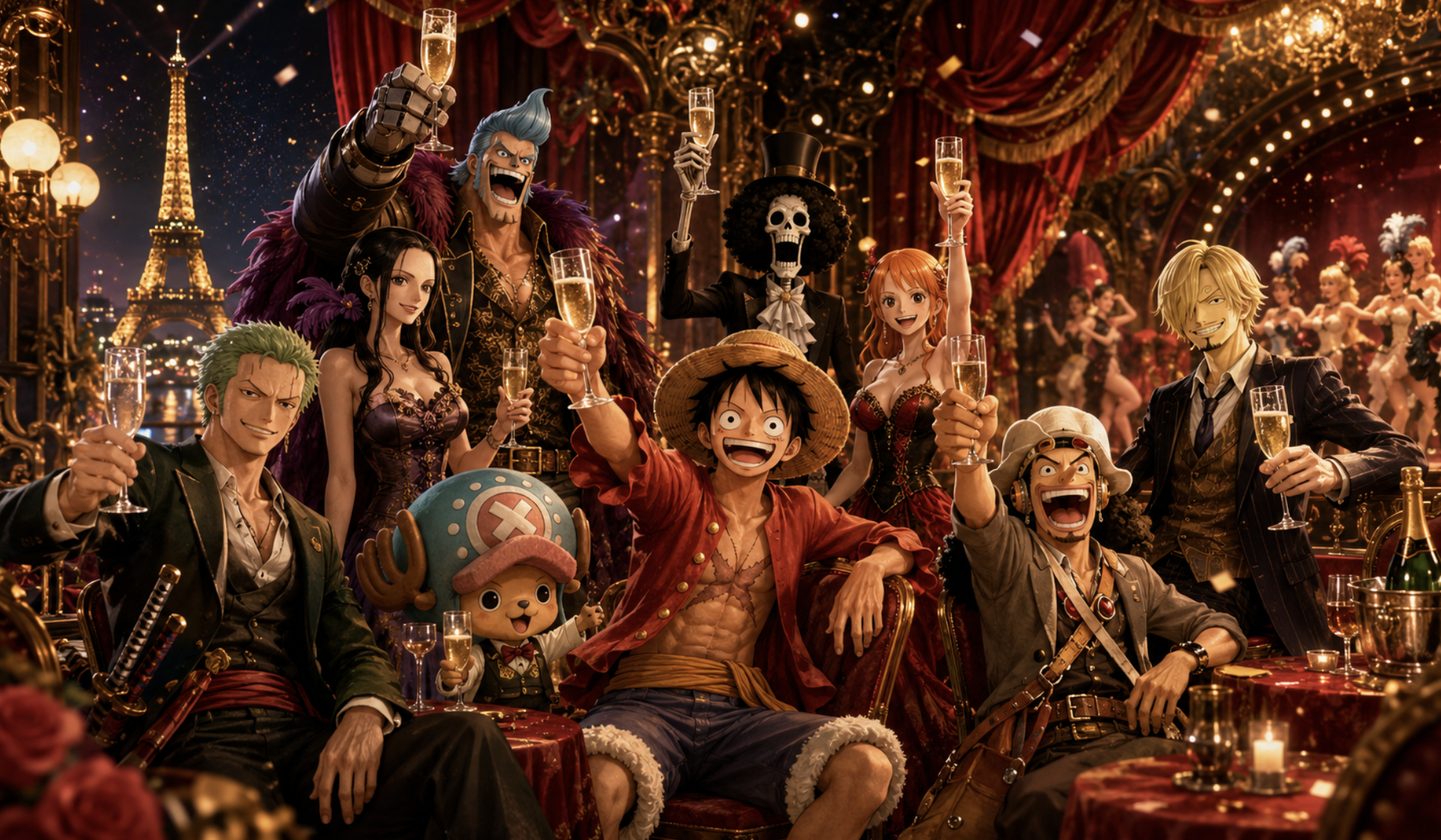 Disegno stile anime personaggi di One Piece in ambiente di cabaret parigino