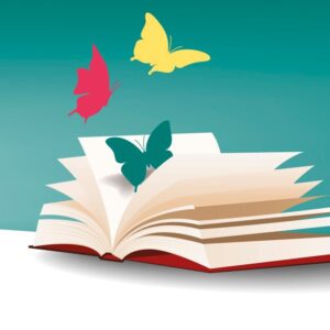 Immagine legata al Festival Scritto Misto in cui c'è un libro aperto con farfalle colorate che si alzano in volo dalle pagine