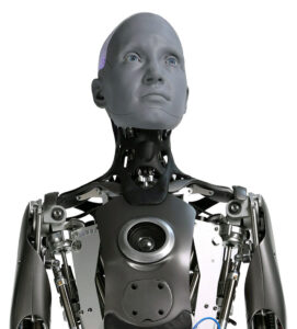 Ameca generazione 1 ritratta nel laboratorio di Engineered Arts Ltd, questa è una delle serie di immagini promozionali rilasciate per il lancio del robot nel gennaio 2022