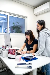 due persone in un ambiente di lavoro della biblioteca di babele