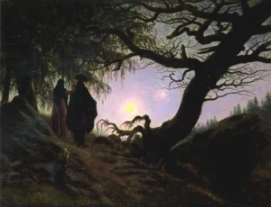 Dipinto Un uomo e una donna davanti alla luna.