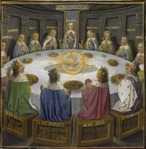Apparizione del Graal nella Tavola Rotonda, miniatura dal manoscritto del Lancillotto in prosa, Folio 610v, BNF Fr 116.