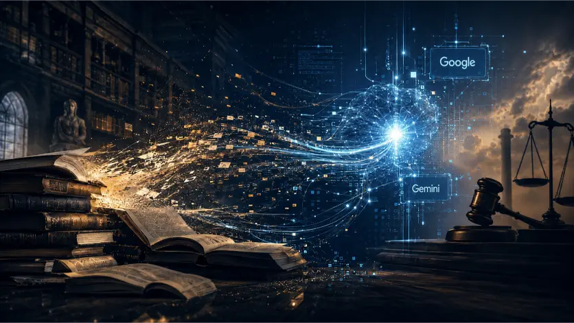 libri usati per addestrare gemini e martello di tribunale imamgine generata con AI