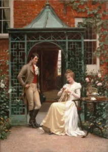 Edmund Blair Leighton painted On the Threshold (of a Proposal), now in Manchester Art Gallery. It depicts a courtship in Regency England, similar to those described in Heyer's historical romances.