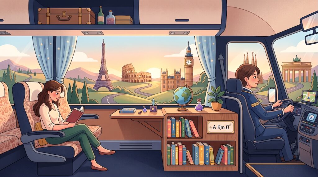 Una biblioteca in un autobus, immagine generata con AI