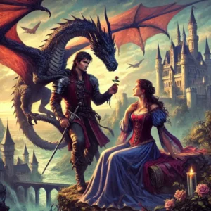 immagine tipica di un romantasy con draghi cavalieri e giovane donna