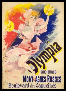 Collezione di manifesti d'epoca di E. Soleri. Il manifesto realizzato da Jules Chéret nel 1892 per l’Olympia, il celebre music hall di Parigi; fu il primo manifesto acquisito nel 1973 in una galleria di Mentone, che diede origine alla collezione