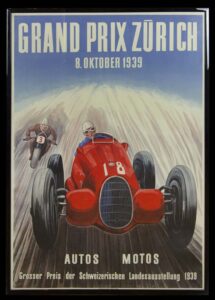 Collezione di manifesti d'epoca di E. Soleri: Réclame pubblicitaria realizzata da Adolf Schnider per il Grand Prix Zurich del 1939 che raffigura una monoposto Alfa Romeo tipo 312 del 1938: la corsa non venne poi disputata a causa dell’invasione della Polonia da parte della Germania.<br />Courtesy of O. Soleri