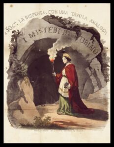 Collezione di manifesti d'epoca di E. Soleri. Il manifesto per l’opera editoriale a dispense I Misteri di Torino del 1849, disegnato da Perrin. Litografia acquerellata a mano