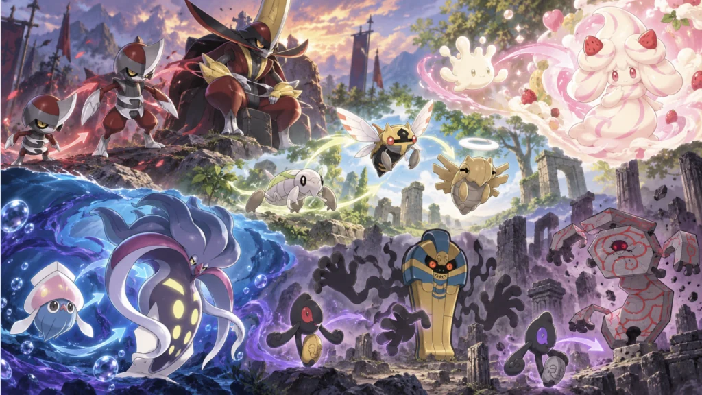 Pokemon base e linee evolutive: milcery, bisharp, inkay, yamask, nincada