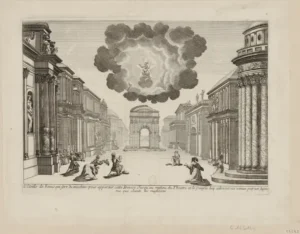 Disegno di una scenografia in cui appare il deus ex machina, immagine evocativa della fata madrina.