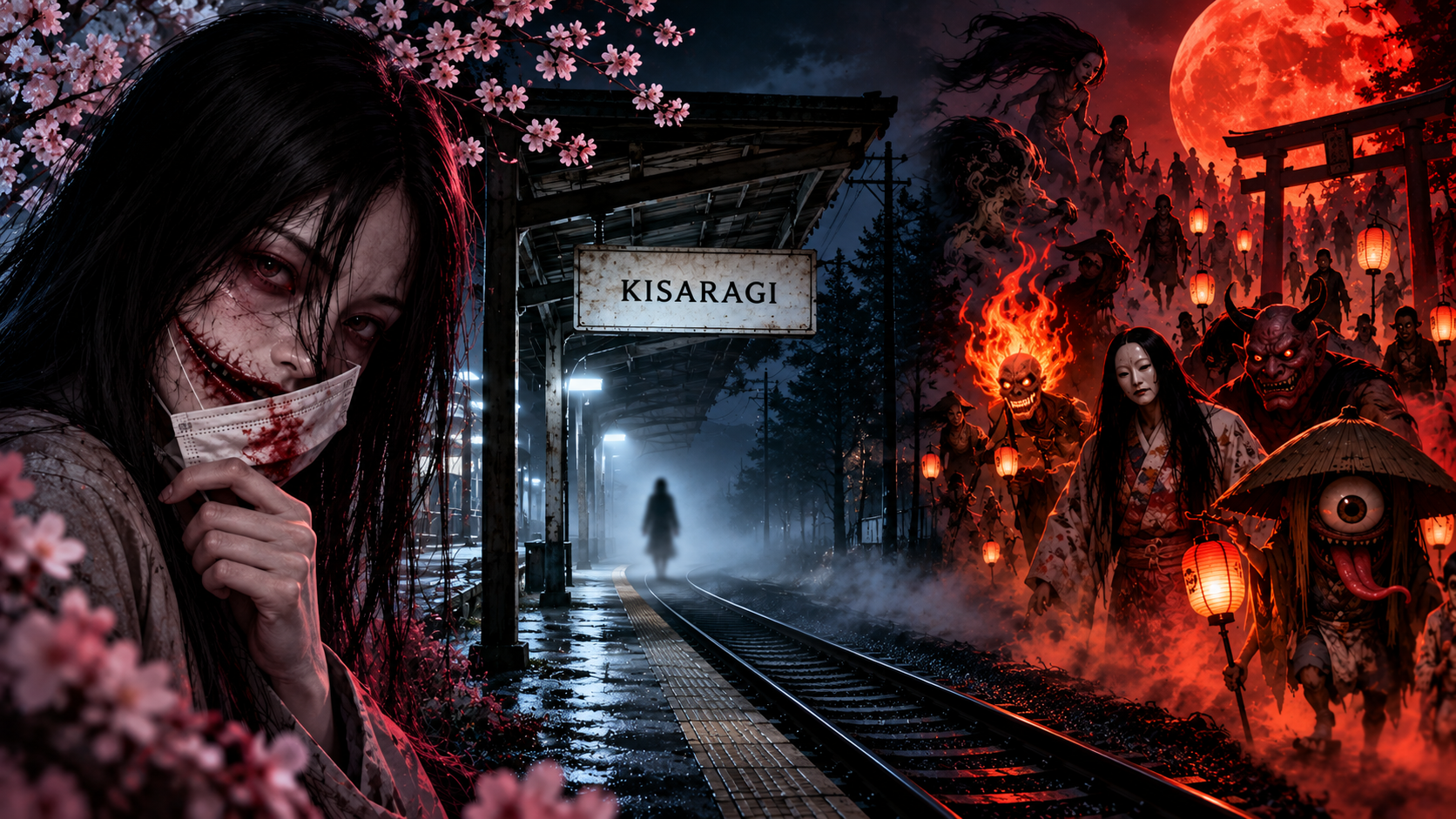 Collage di foto con le 3 leggende giapponesi: Kuchisake-onna, Kisaragi Station e Hyakki Yagyō