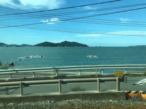 Hakata Bay from train of Chikuhi Line