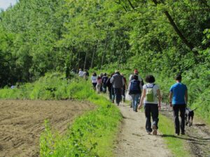 il sentiero delle pietre bianche con persone che lo percorreono